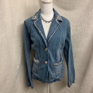 Embellished Light Blue Denim Jacket with Crystal Trim